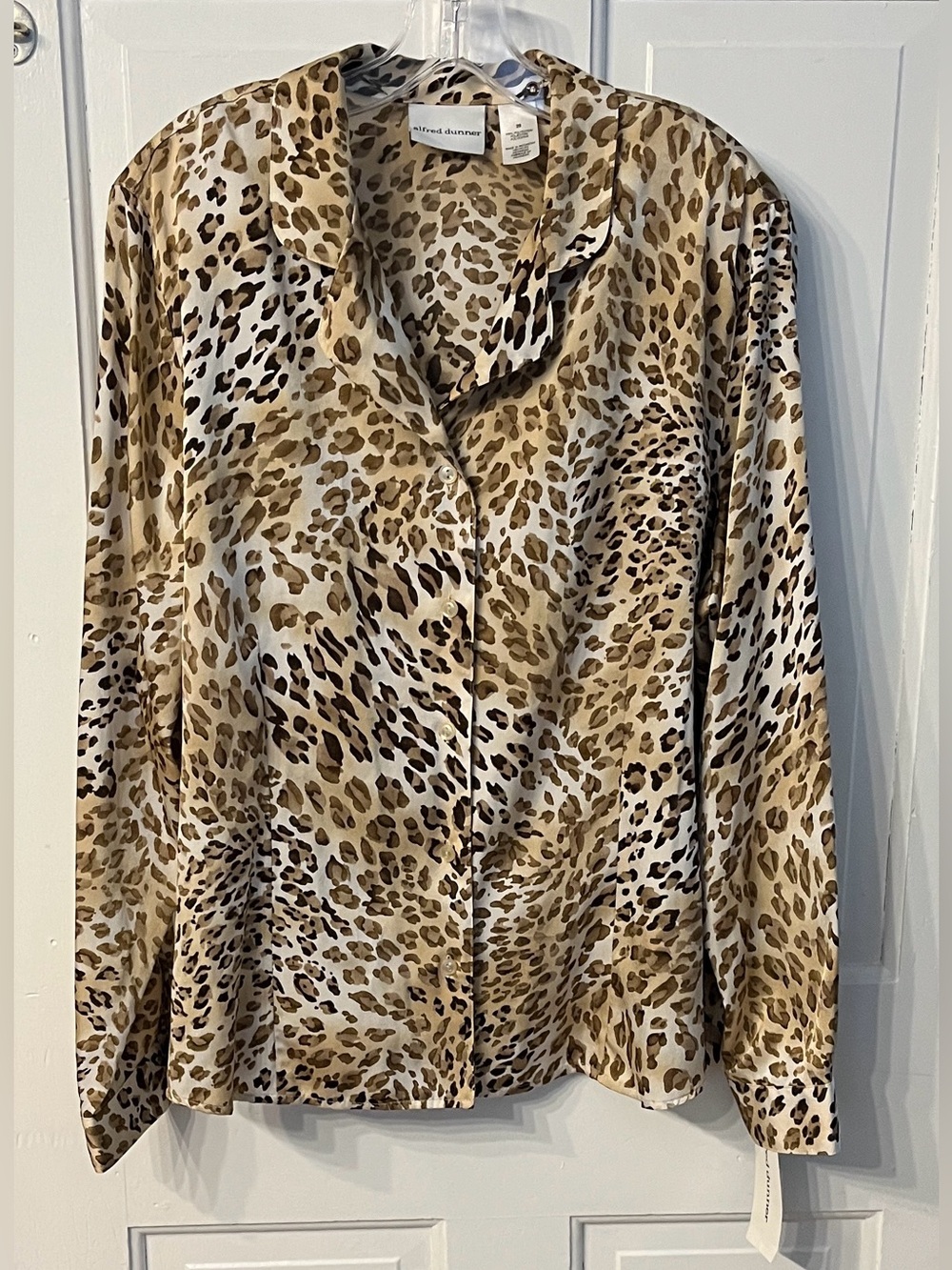 NWT Alfred Dunner 20 Silky blouse cream brown tan cheetah print long sleeves